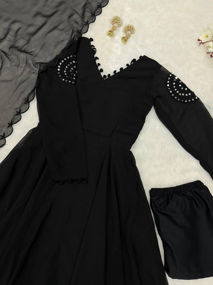 RangBhoomi Black Georgette Anarkali Set with Mirror Embroidery — Eid Special