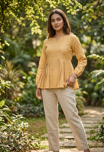 RangBhoomi Elegant Linen Cotton Top and Pant Set – Full-Sleeve Frill Stitch Top with Elastic Waist Pants in Parrot, Peach, and Yellow