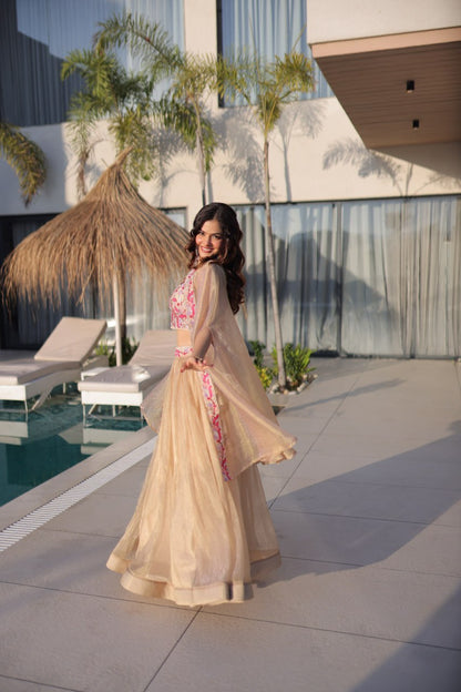 Elegant Sindur Silk Embroidered Lehenga Choli Set with Sleeveless Blouse and Matching Shrug