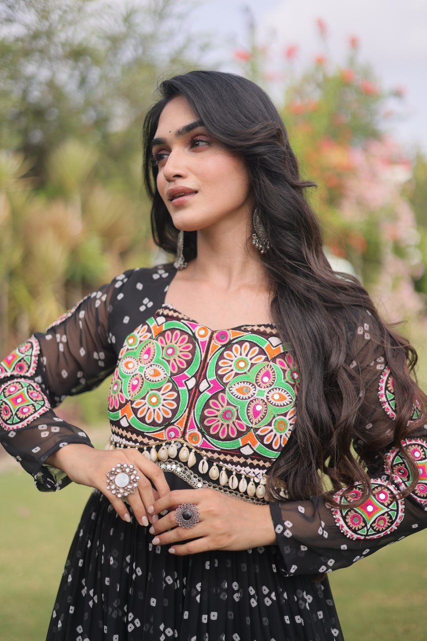 RangBhoomi Bandhani & Kutchi Patchwork Faux Georgette Gown — Full Sleeve, 12m Flair, Cotton Lining