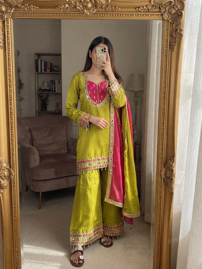 RangBhoomi Roman Glass Mirror-Work Ethnic Set — Fully Stitched Kurta, Palazzo & Kota Dupatta