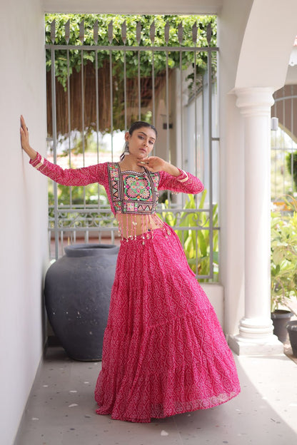 RangBhoomi Bandhni Faux Georgette Full-Stitched Lehenga Set with Designer Square Neck Blouse