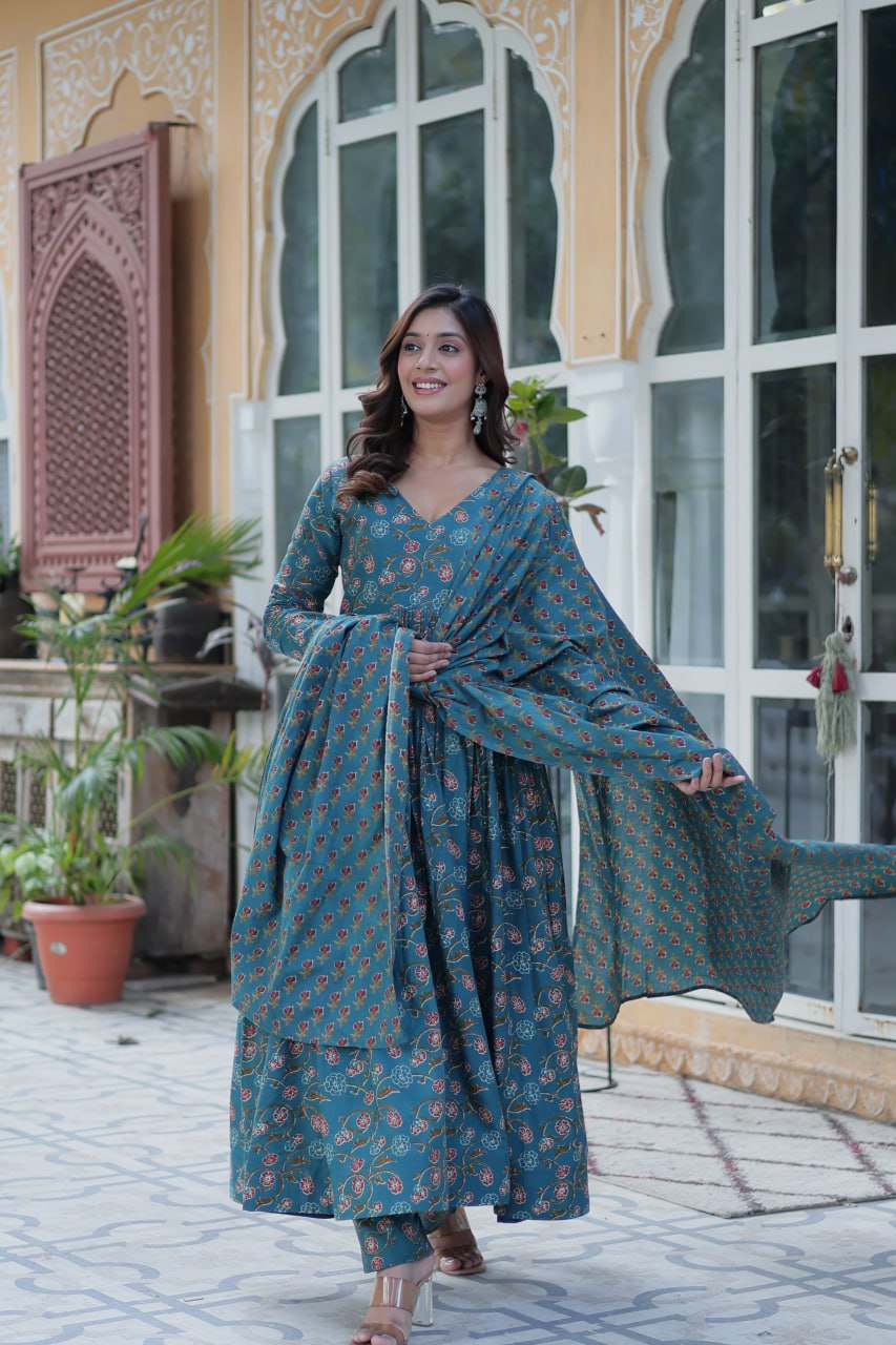 Premium Gown Set: Cotton Kurti, Pant & Dupatta