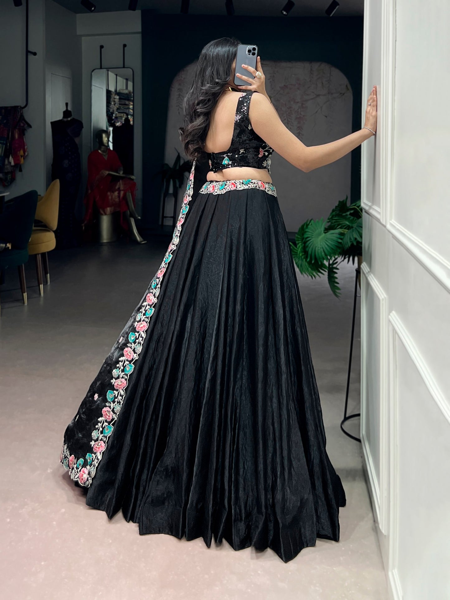 Elegant Black Lehenga Choli Set with Fendi Fabric, Sequins and Thread Embroidery