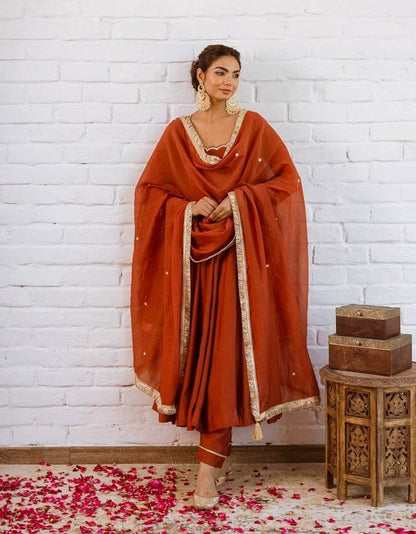 Elegant Anarkali Evening Gown with Beaded Detailing, Full Sleeves, and Vichitra Silk Fabric - Includes Bottom and Dupatta