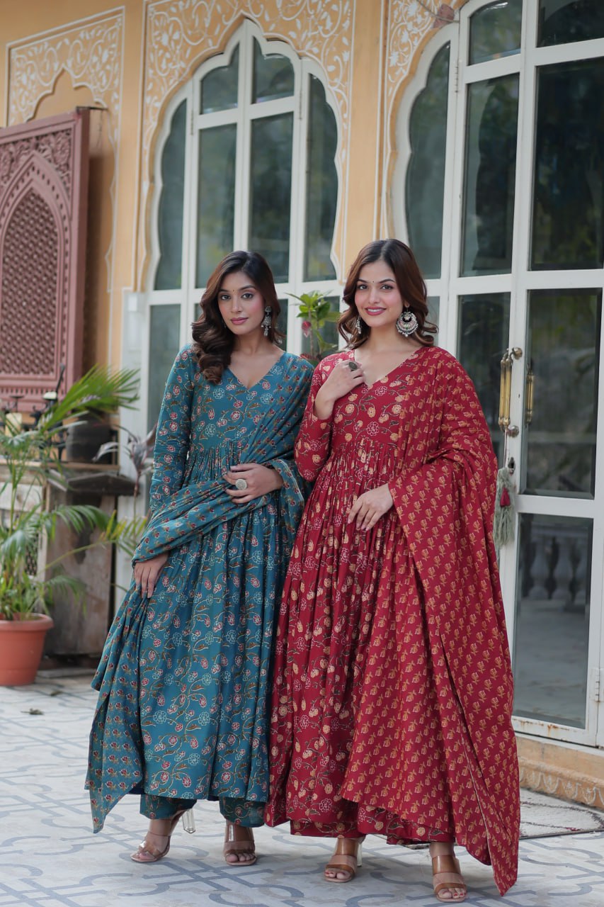 Premium Gown Set: Cotton Kurti, Pant & Dupatta