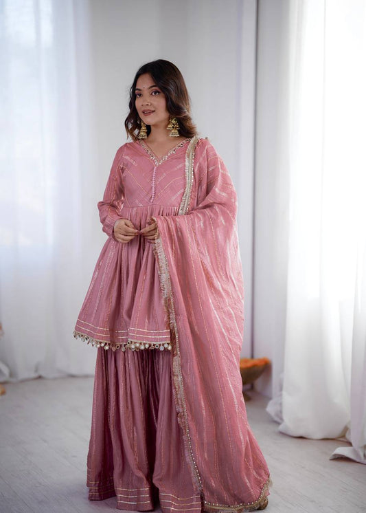 Elegant Women's Ethnic Ensemble with Real Mirror and Handwork – Ready-to-Wear Mal Chanderi Set with Sharara Palazzo and Mirror Lace Dupatta