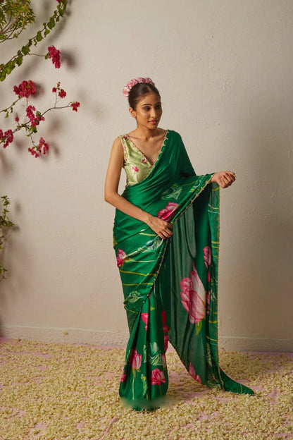 Ready To Wear Organza Silk Saree - Floral Printed