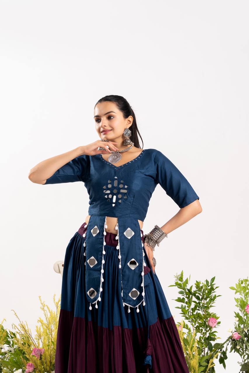 RangBhoomi Stunning Navratri Lehenga Choli with Real Mirror Work - Pure Rayon Cotton, Frill Lehenga & Kodi Lace Blouse