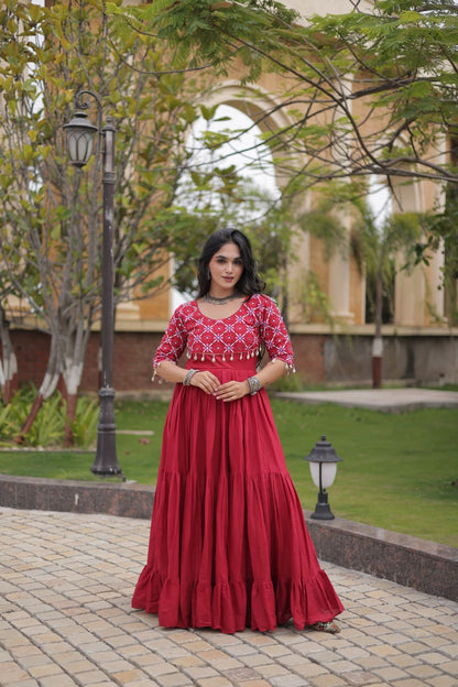 RangBhoomi Navratri Embroidered Kora Cotton Gown — 54" Length, Half Sleeve (Maroon / Black)