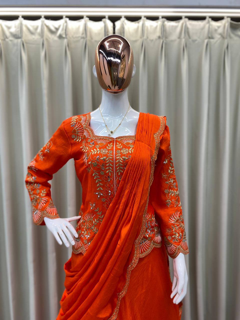 RangBhoomi Designer Lehenga Saree with Real Mirror & Embroidery Work - Long Blouse, Chinon Fabric