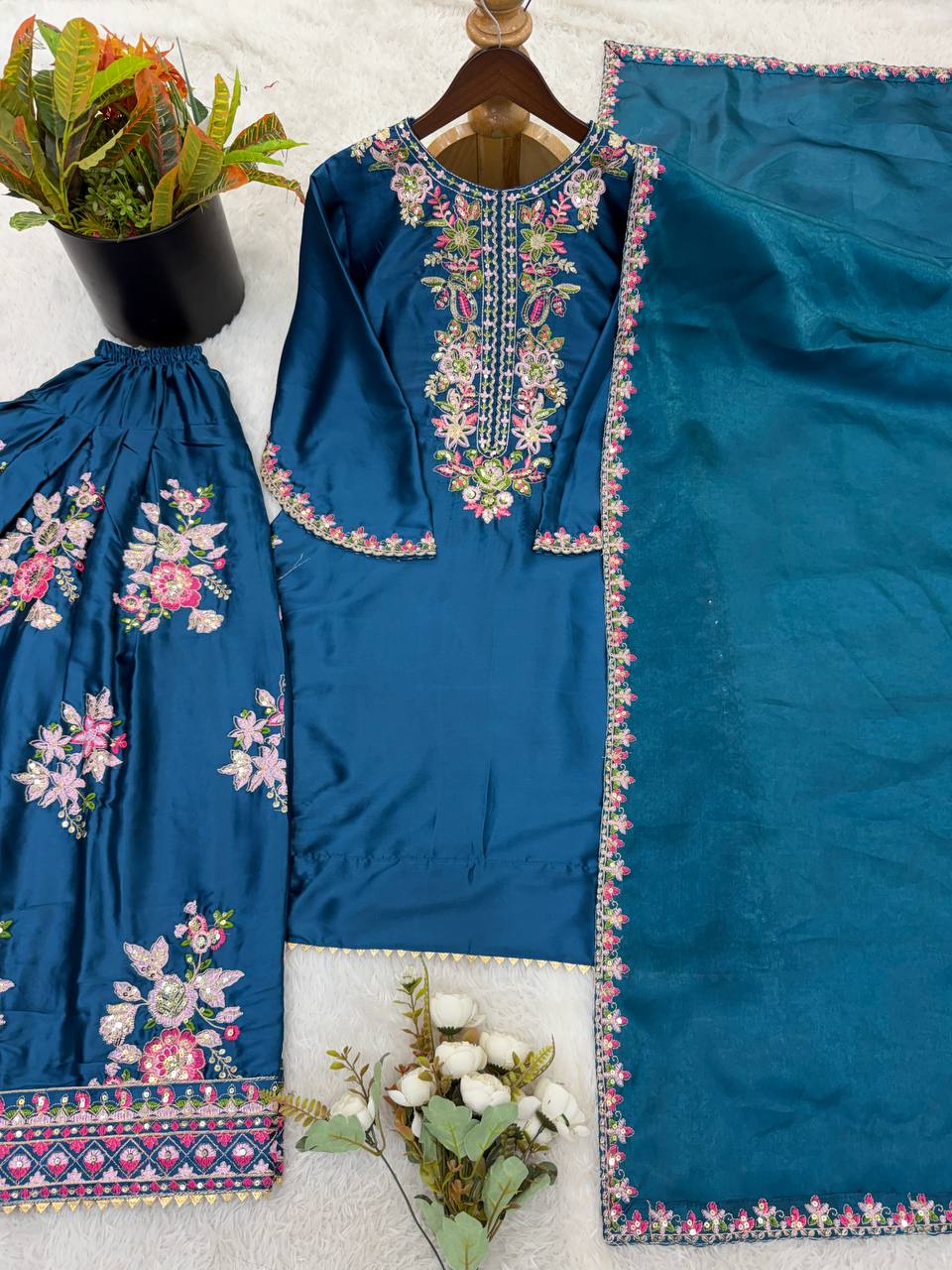 RangBhoomi Women's Premium Ethnic French Crepe Ensemble with Embroidered Thread Work, Full Sleeve Top, Farshi Pant, and GMY Silk Dupatta