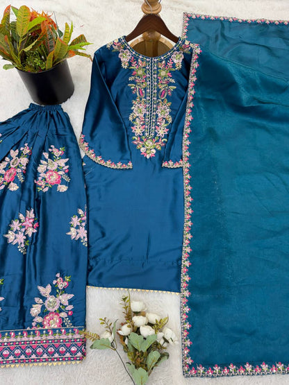 RangBhoomi Women's Premium Ethnic French Crepe Ensemble with Embroidered Thread Work, Full Sleeve Top, Farshi Pant, and GMY Silk Dupatta