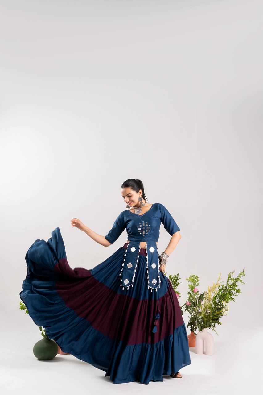 RangBhoomi Stunning Navratri Lehenga Choli with Real Mirror Work - Pure Rayon Cotton, Frill Lehenga & Kodi Lace Blouse