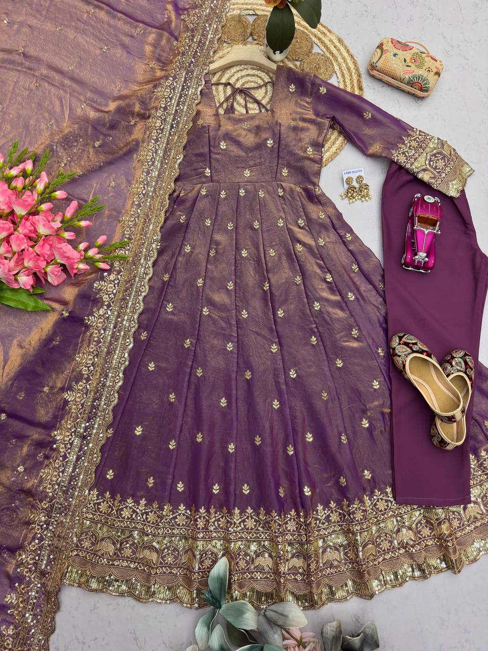 RangBhoomi Designer Embroidered Party Gown with Dupatta & Pant — Heavy Fandy Silk, 17 Colours