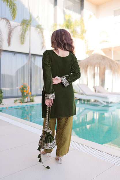 Ready-to-Wear Velvet Top and Pant Set with Embroidered Batwa from RangBhoomi Collection