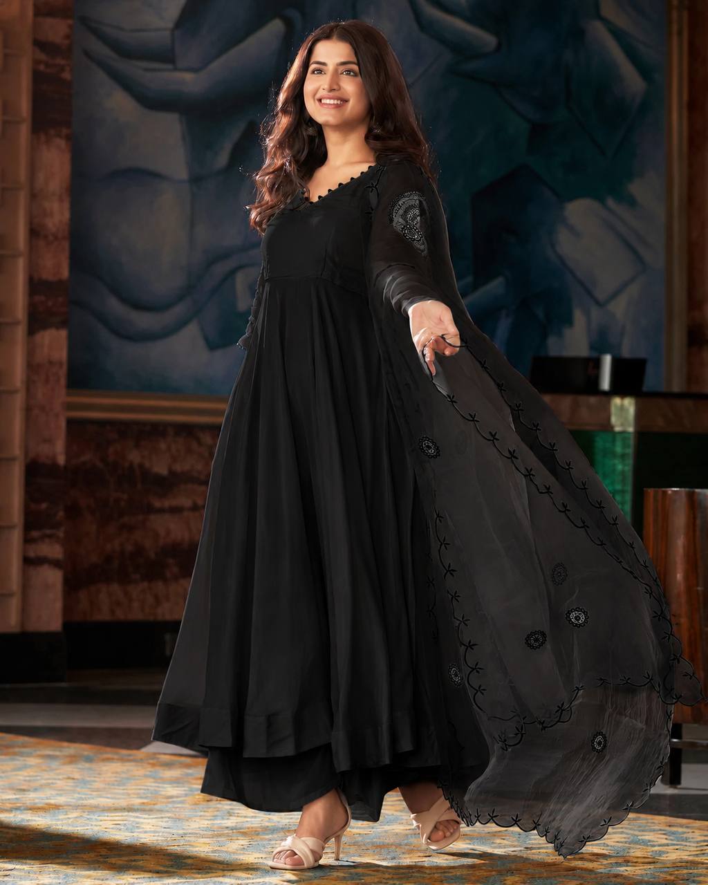 RangBhoomi Black Georgette Anarkali Set with Mirror Embroidery — Eid Special