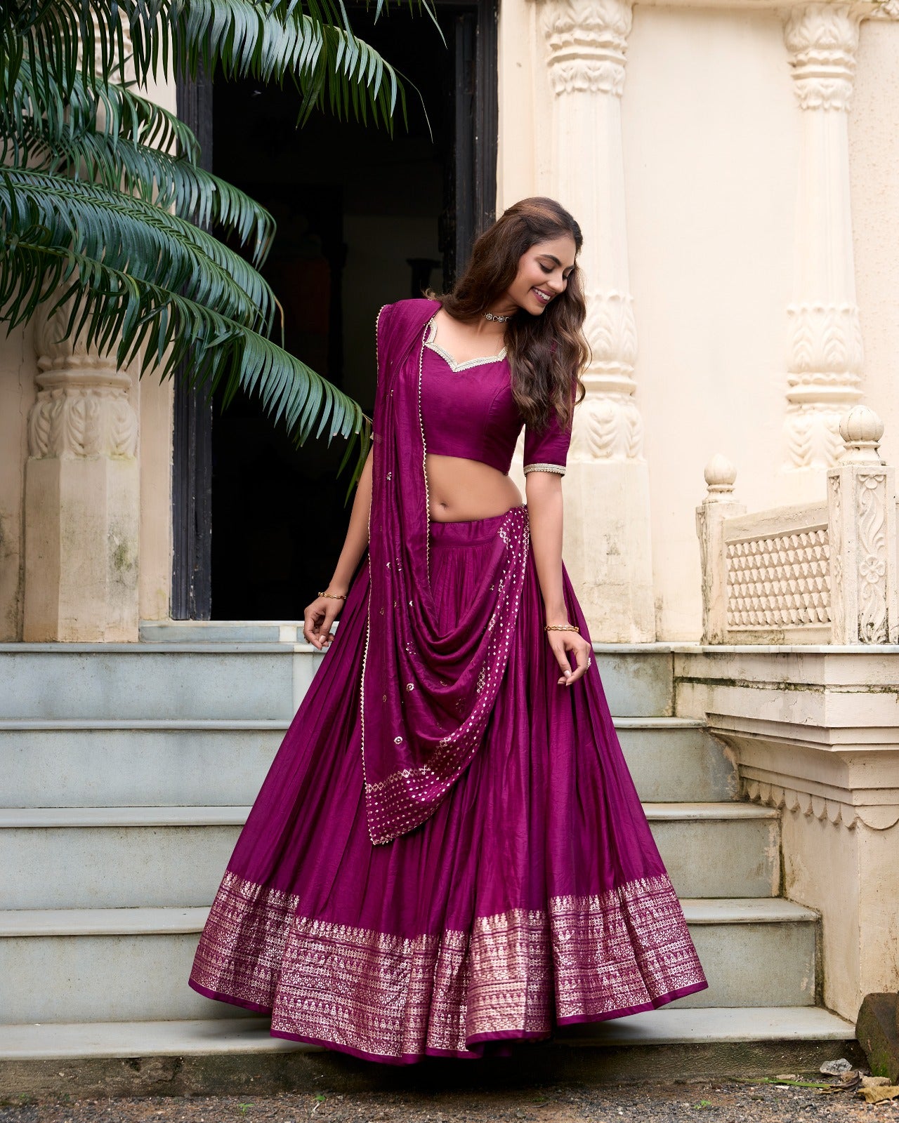 Elegant Pure Chanderi Lehenga Set with Exquisite Zari Work Border and Sequin-Embellished Dupatta