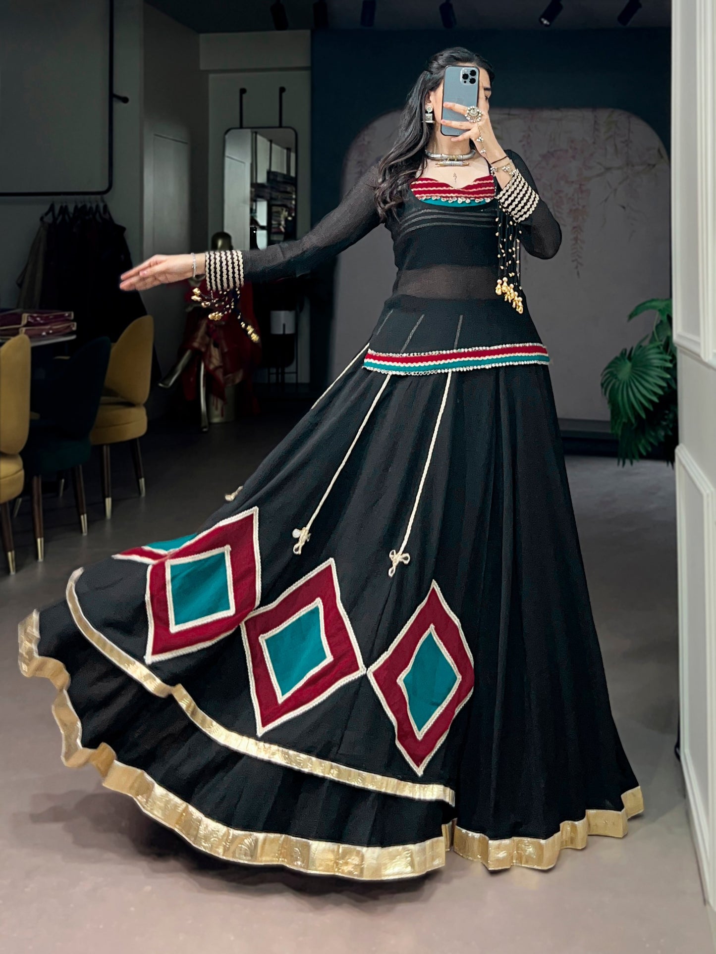 RangBhoomi Navratri 2026 Marble Fabric Festive Lehenga Set with Lace and Cowrie Bell Accents