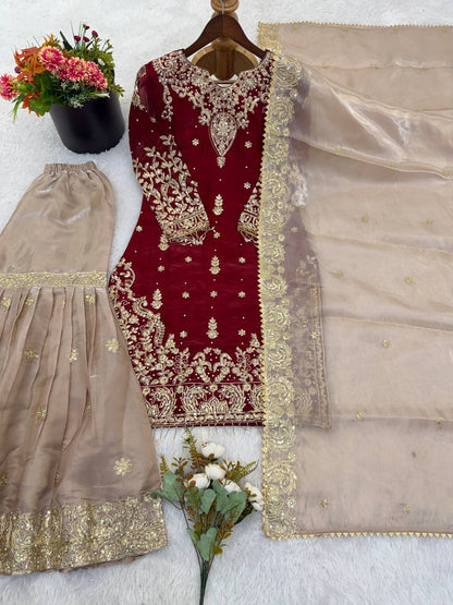 RangBhoomi Exclusive Designer Partywear Set – Pure Heavy GMY Silk with Elaborate Embroidery and Sequins