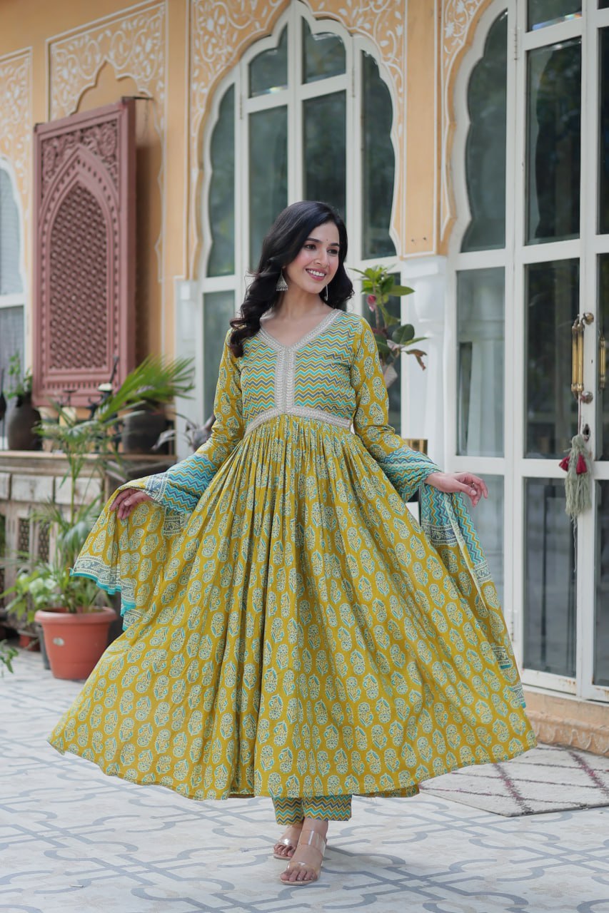 Mustard and teal Anarkali cotton kurti set, chevron dupatta, V-neck, festive ethnic Indian ensemble.