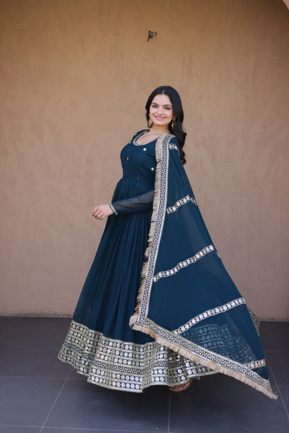 RangBhoomi Festive Faux Blooming Gown with Embroidered Dupatta - Rama & Maroon