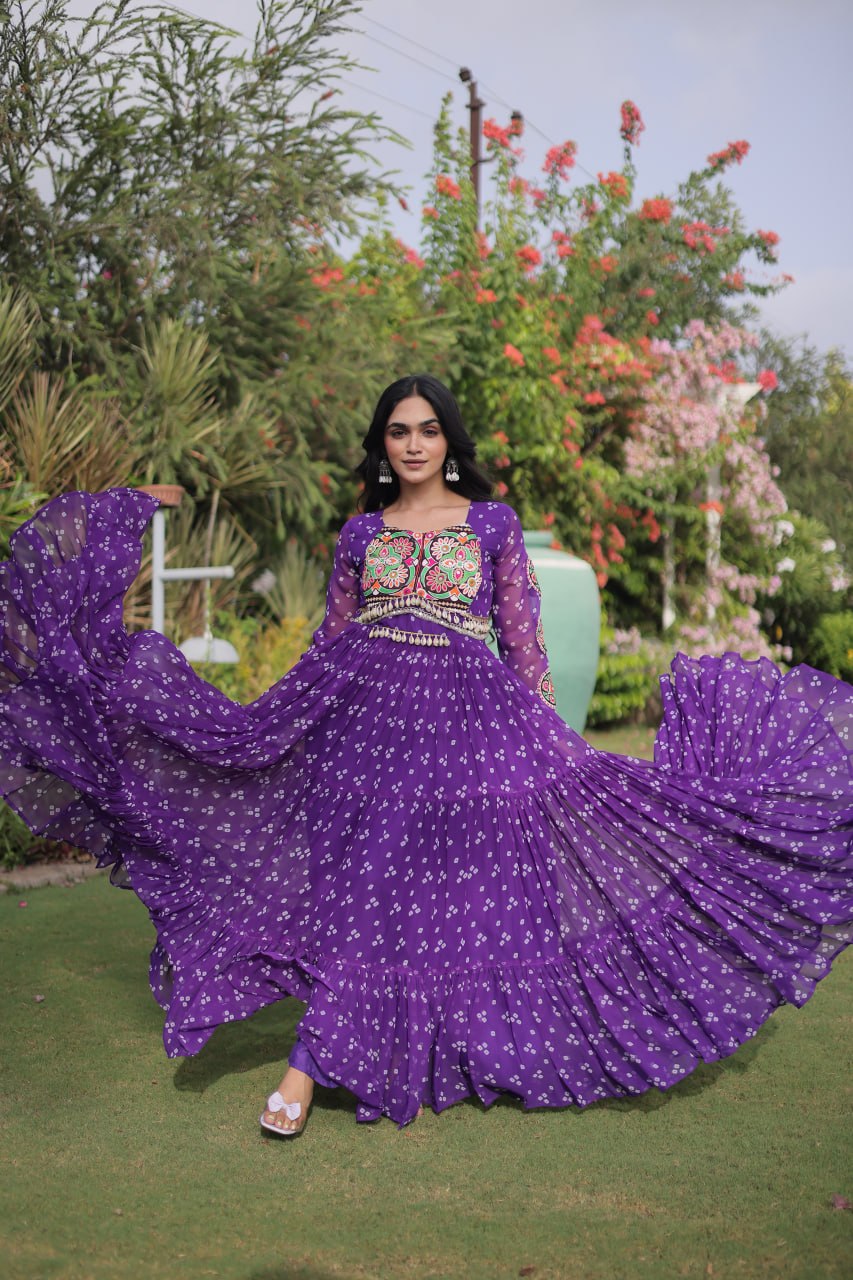RangBhoomi Bandhani & Kutchi Patchwork Faux Georgette Gown — Full Sleeve, 12m Flair, Cotton Lining