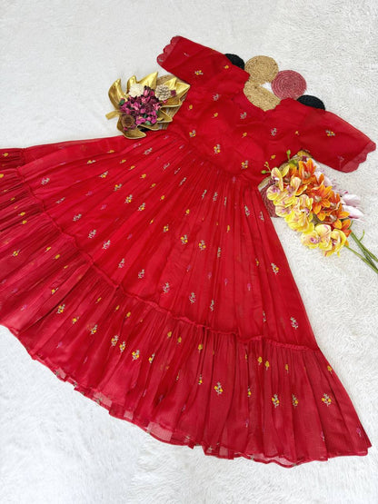 RangBhoomi Summer Floral Embroidered Kota Checks Midi Gown - Soft Kota, Micro Cotton Lining