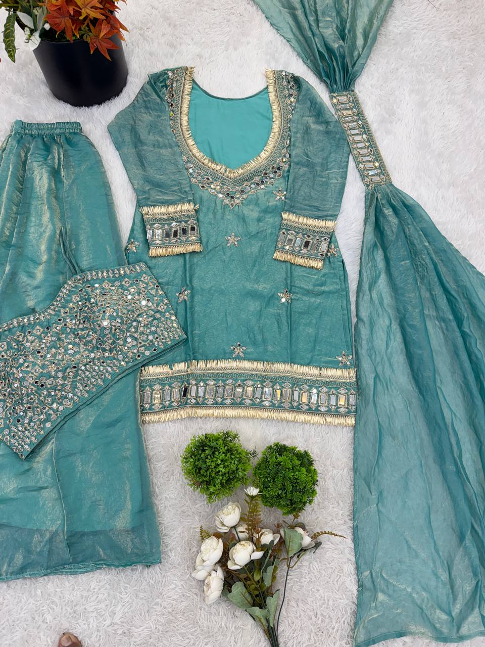 RangBhoomi Women's Fully Stitched Ethnic Wear Set with Fendy Silk and Real Mirror Work