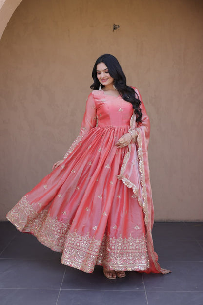 RangBhoomi Fendi Silk Sequined Gown with Dupatta – Elegant Full-Sleeve Designer Set