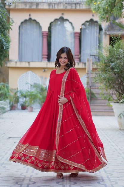 Embroidered Faux Blooming Gown with Dupatta