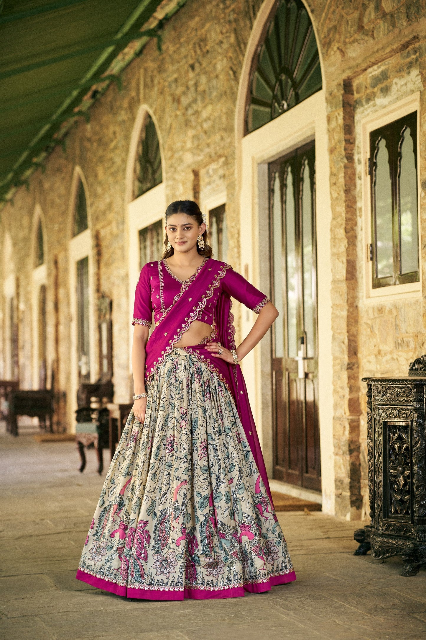 Elegant Kalamkari Silk Lehenga Set with Embroidered Dupatta for Festive and Traditional Occasions
