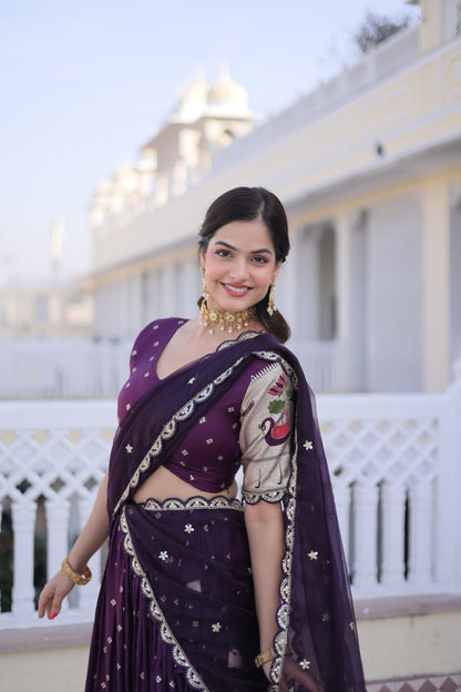 Elegant Three-Piece Traditional Lehenga Choli Set with Dupatta in Pink and Wine