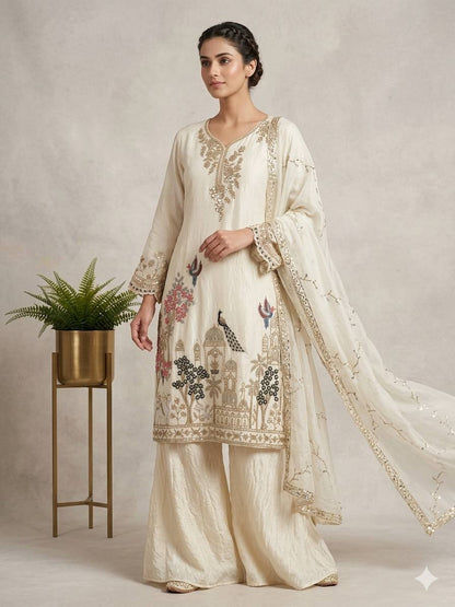 RangBhoomi Designer Beads & Sequence Embroidered Top with Fendy Plazzo and Dupatta