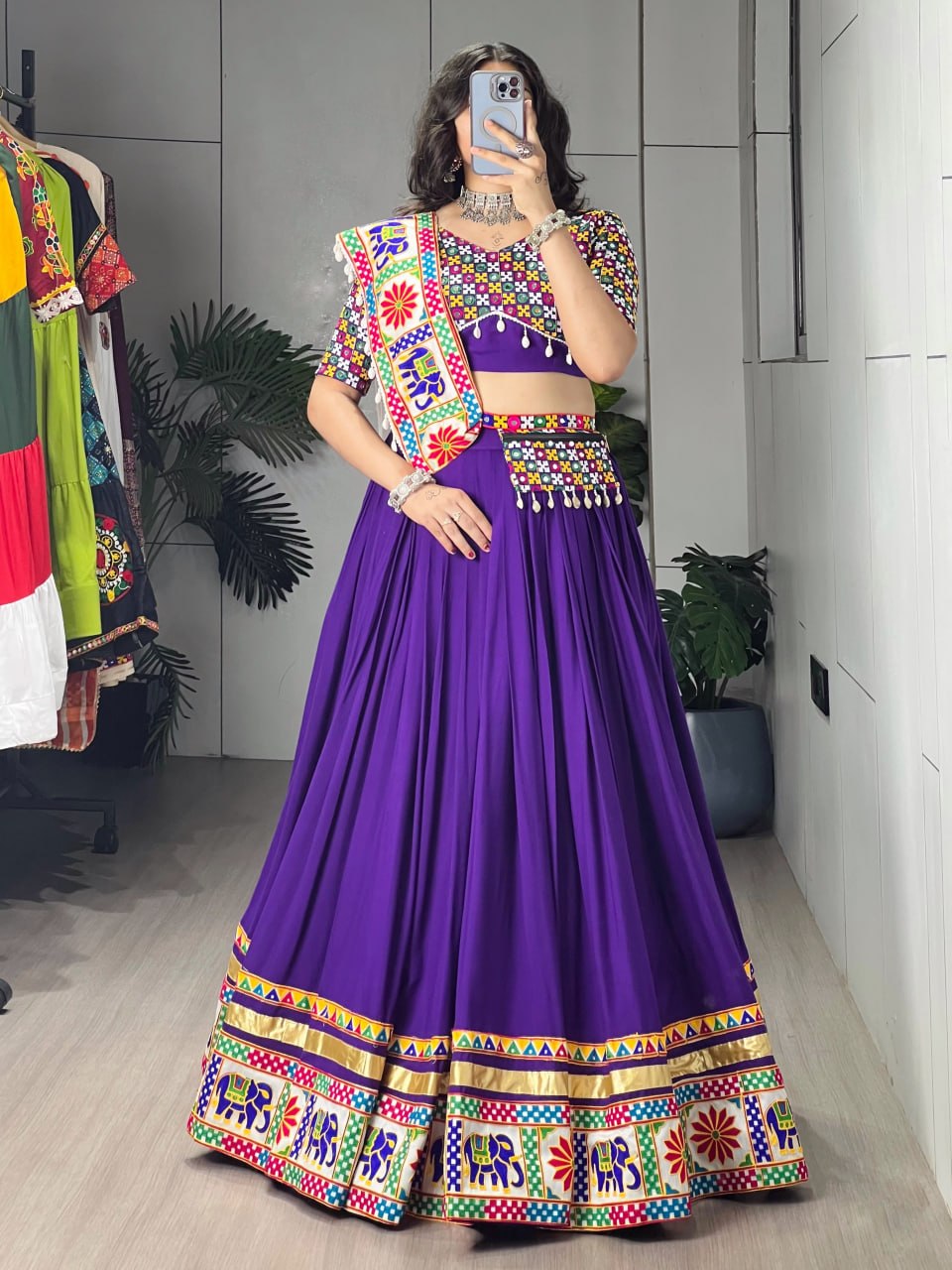 RangBhoomi Traditional Gamthi Mirror Work Lehenga Choli – 6m Grand Flair with White Dupatta