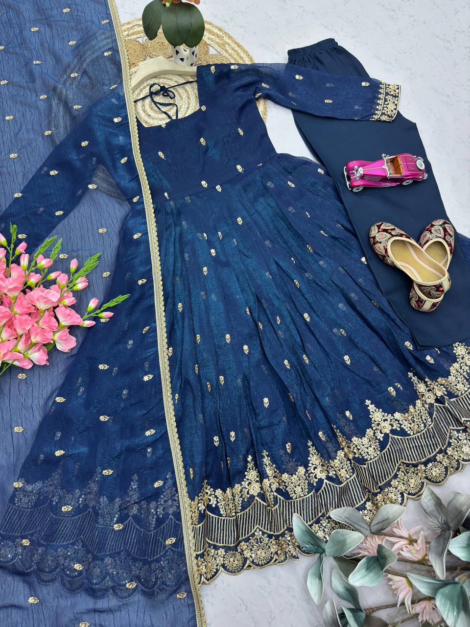 RangBhoomi Designer Embroidered Heavy Crunchy Silk Gown Set with Dupatta & Pants