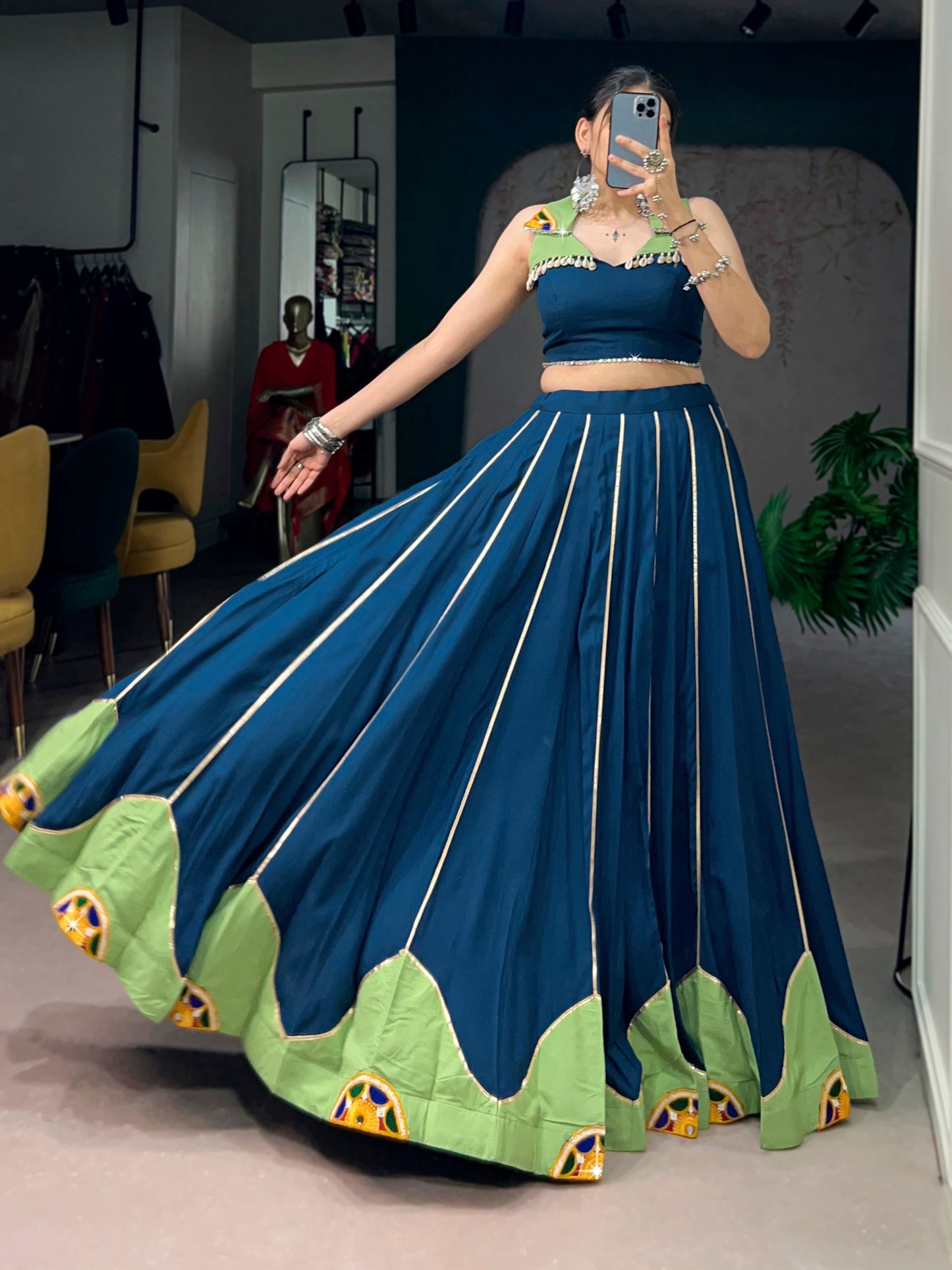 RangBhoomi Navratri 2026 Rayon Lehenga with Gamthi Work, Gota Patti & Mirror Lace