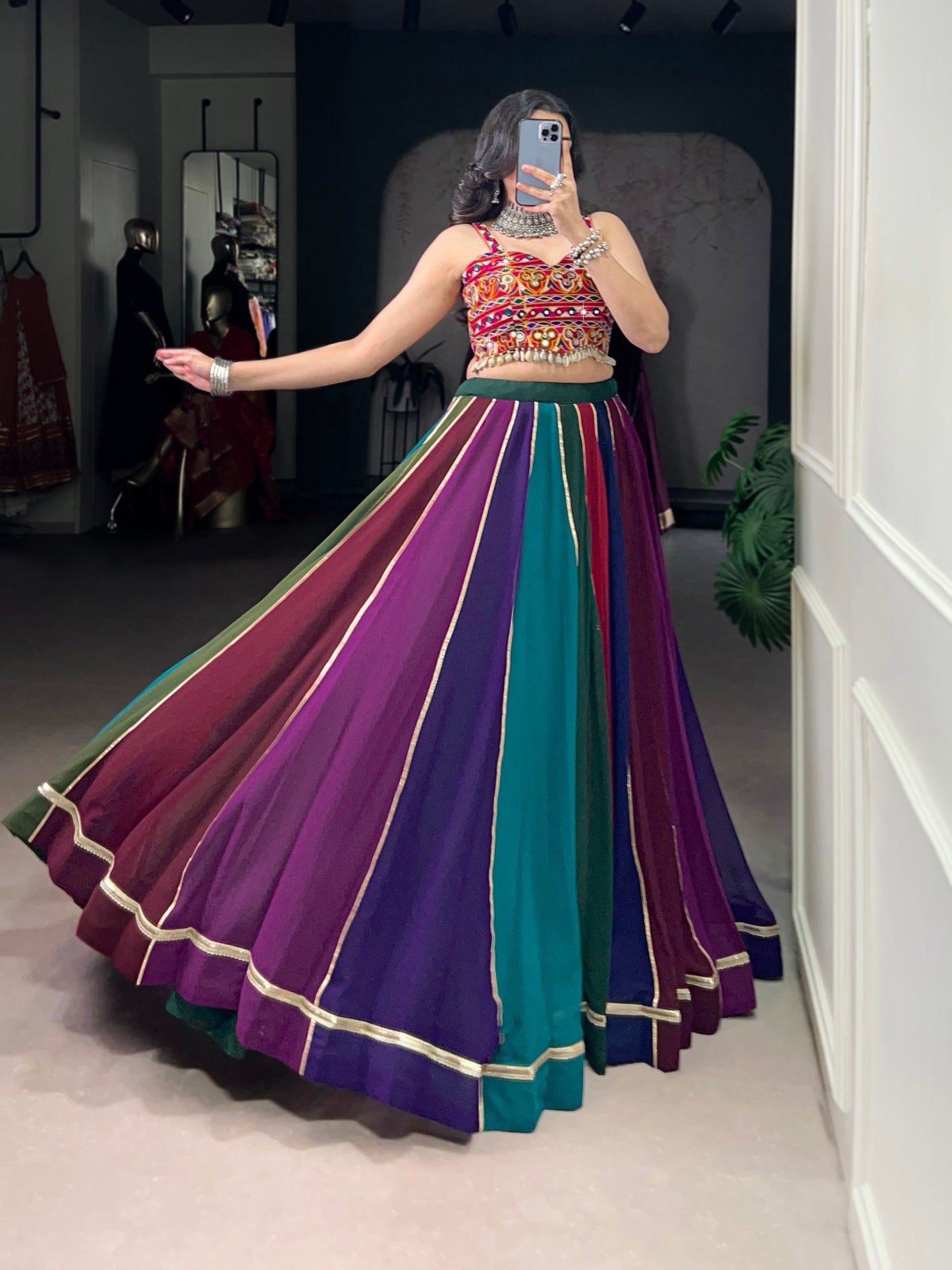 RangBhoomi Multicolor Garba Lehenga Set — Mirror-Embellished Blouse & Flared Georgette Skirt