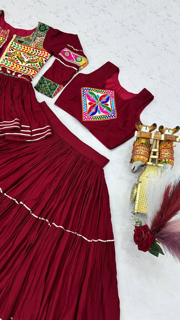 RangBhoomi Navratri Special Gamathi Work 9m Flair Pure Cotton Lehenga Choli - Fully Stitched