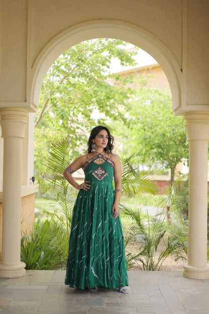RangBhoomi Navratri Laheriya Patchwork Faux Georgette Gown - Sleeveless 56" Length, L (Adjustable 38-44)