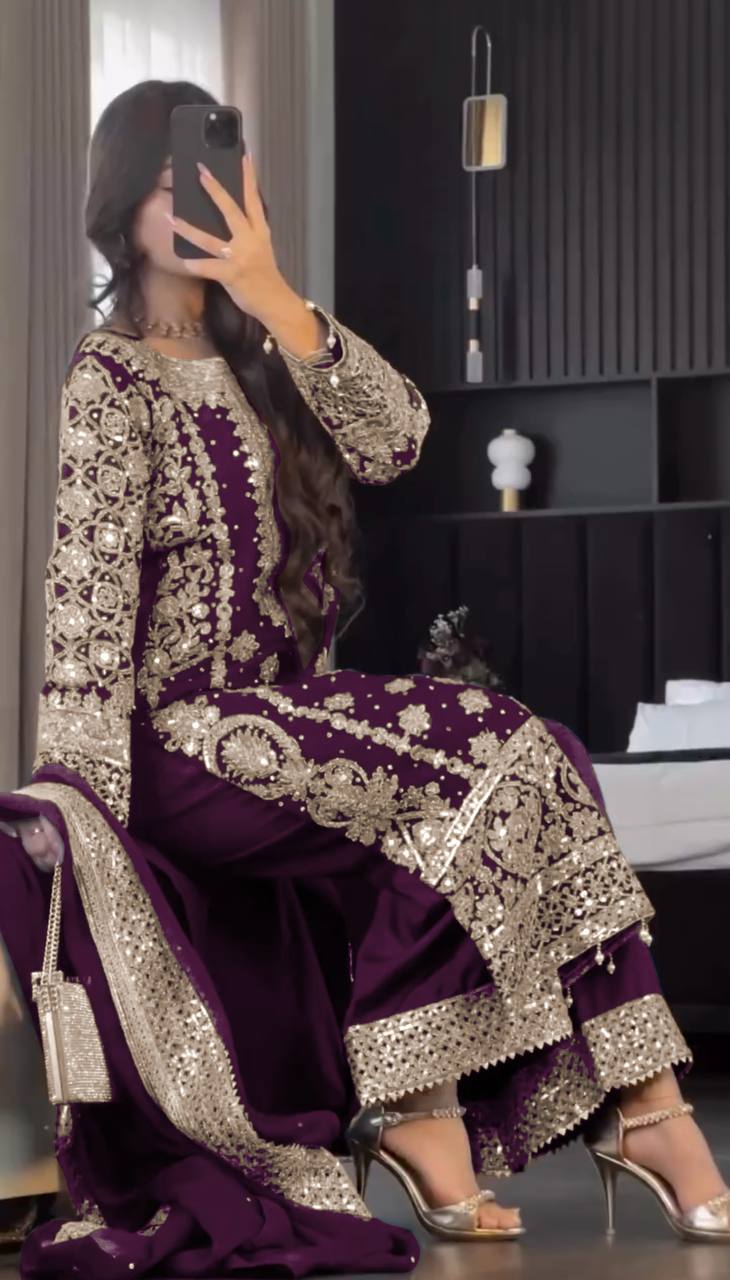New Collection Faux Georgette Ensemble with Intricate Heavy Embroidery, Sequin Detailing, and Fully Stitched Ready-to-Wear Top, Bottom, and Dupatta Set