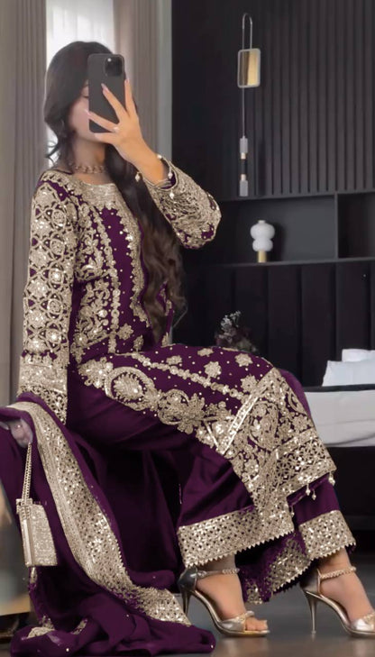 New Collection Faux Georgette Ensemble with Intricate Heavy Embroidery, Sequin Detailing, and Fully Stitched Ready-to-Wear Top, Bottom, and Dupatta Set
