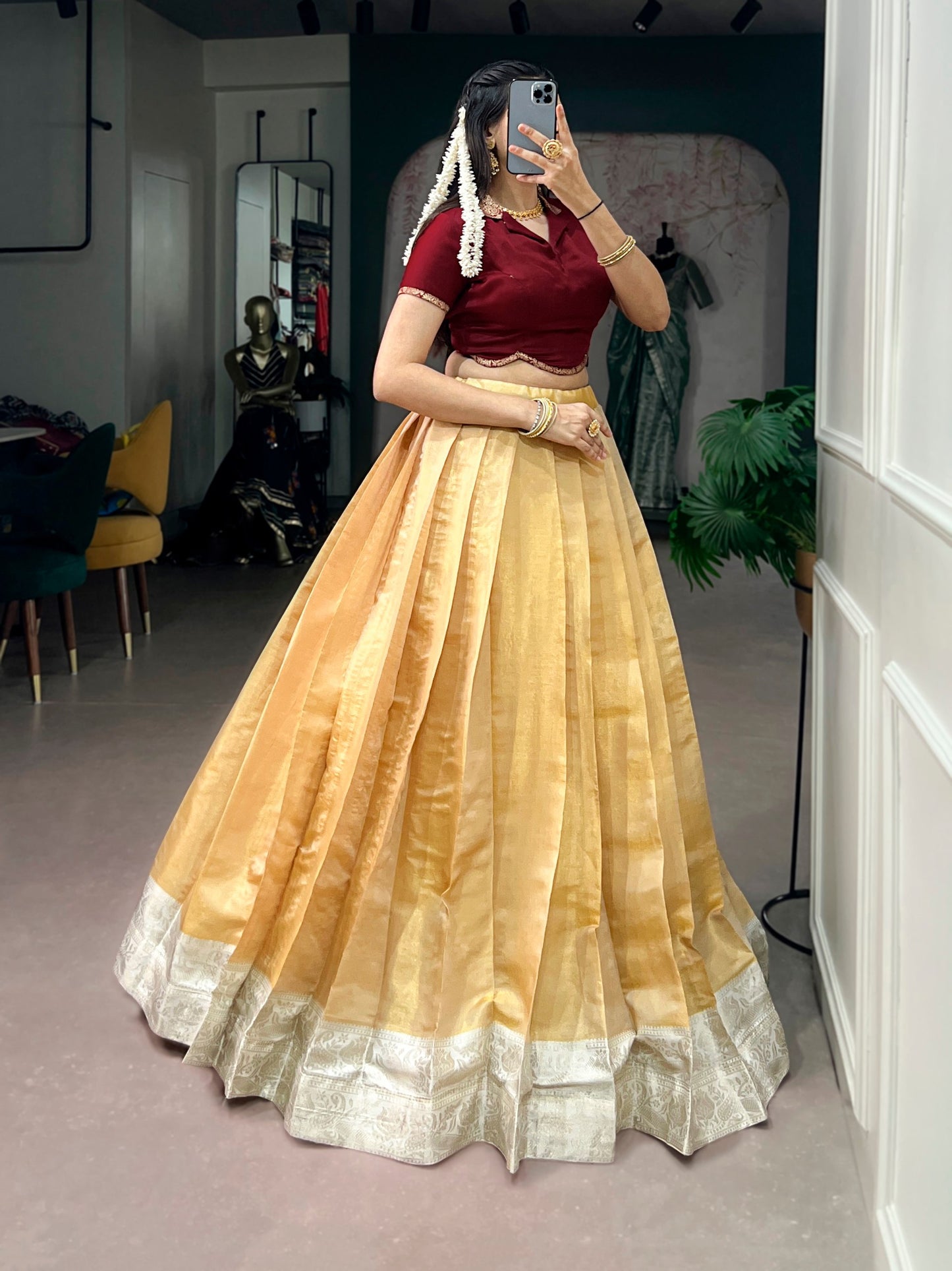 RangBhoomi Onam Pavada Set — Kanchipuram Lehenga with Satin Silk Blouse