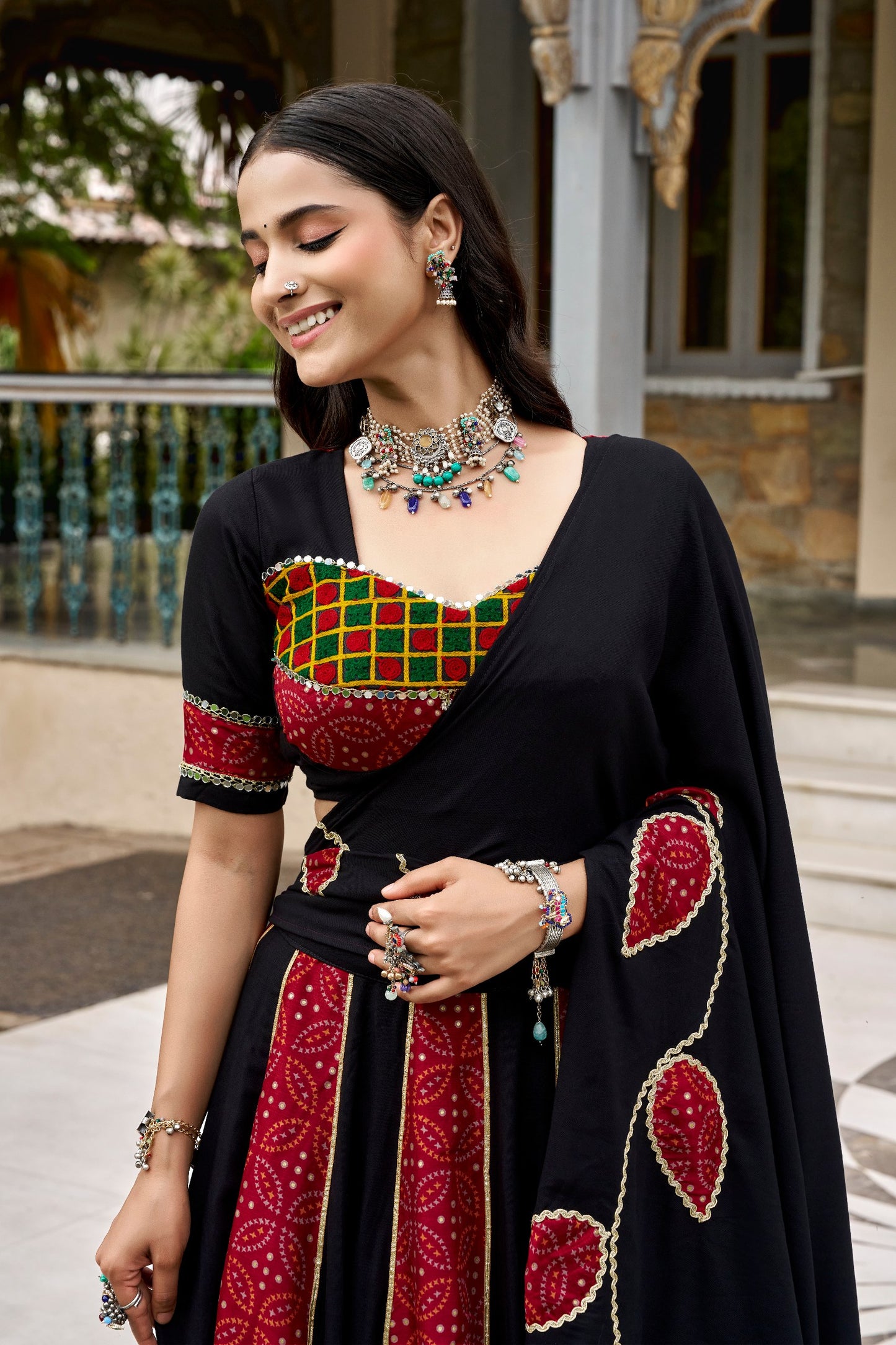 RangBhoomi Navratri 2026 Rayon Ajrakh Lehenga with Mirror Lace & Tassel Dupatta