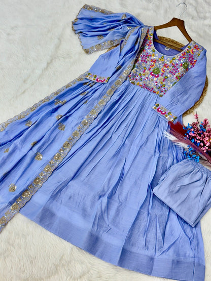 Elegant Premium Ready-to-Wear Gown Set with Pants and Dupatta - Beaded Mal Chanderi Embroidery