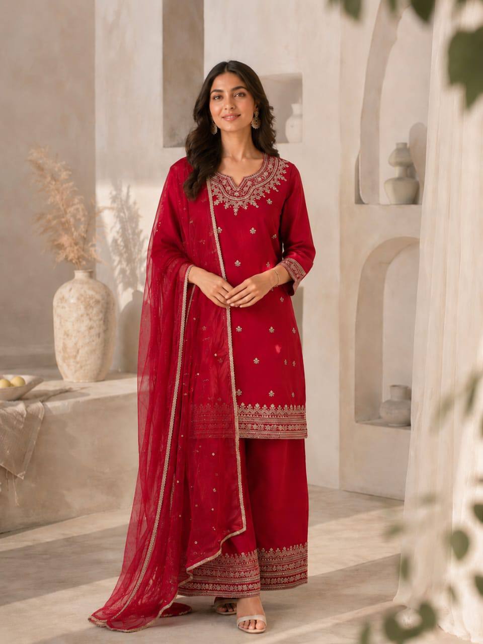 RangBhoomi Designer Festival Special Collection - Elegant Roman Silk Embroidered Ensemble with Palazzo and Decorative Dupatta