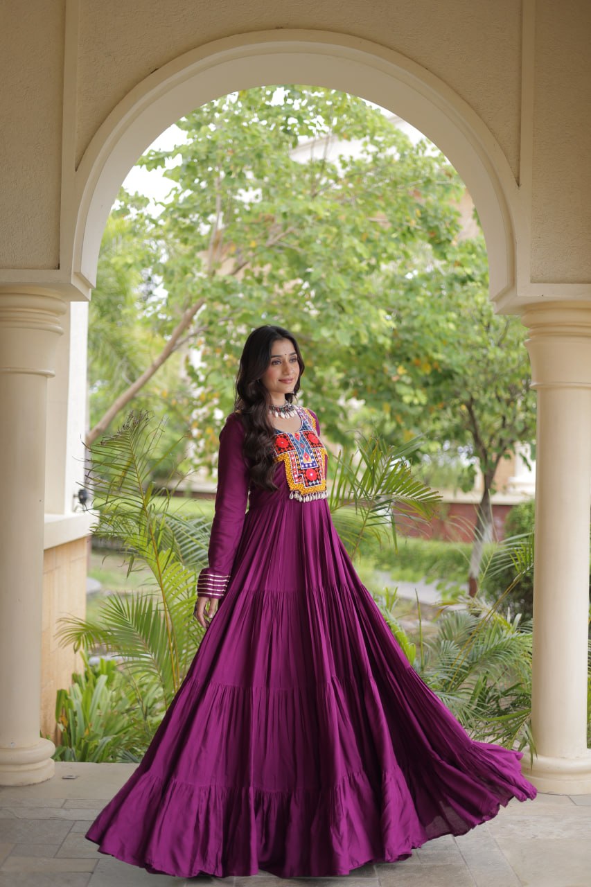 RangBhoomi Navratri Gown Collection 2026 — Wine, Rama & White Embroidered Mirror Work Gown