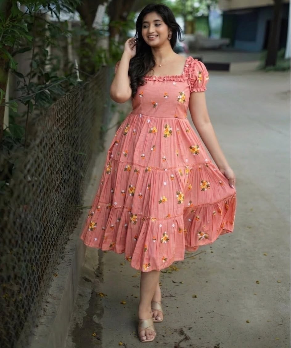 RangBhoomi Onion Pink Chanderi Cotton Maxi Frock with Embroidery and Belt