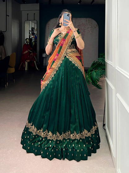 Elegant Vichitra Silk Lehenga Choli for Weddings and Festivals – Thread Embroidery & Sequins Detailing, Stitched Skirt and Unstitched Blouse, Includes Foil-Printed Dupatta with Lace Border