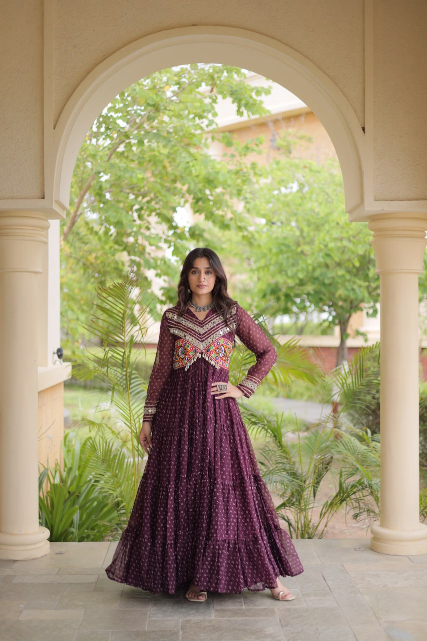 RangBhoomi Bandhani & Kutchi Patchwork Faux Georgette Gown — Navratri Special